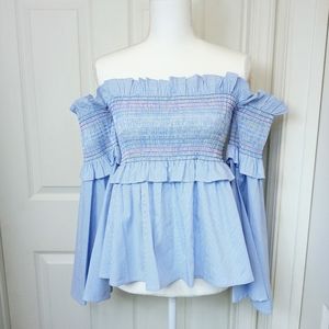 Aqua Gingham Bell Sleeve Off-the-Shoulder Top